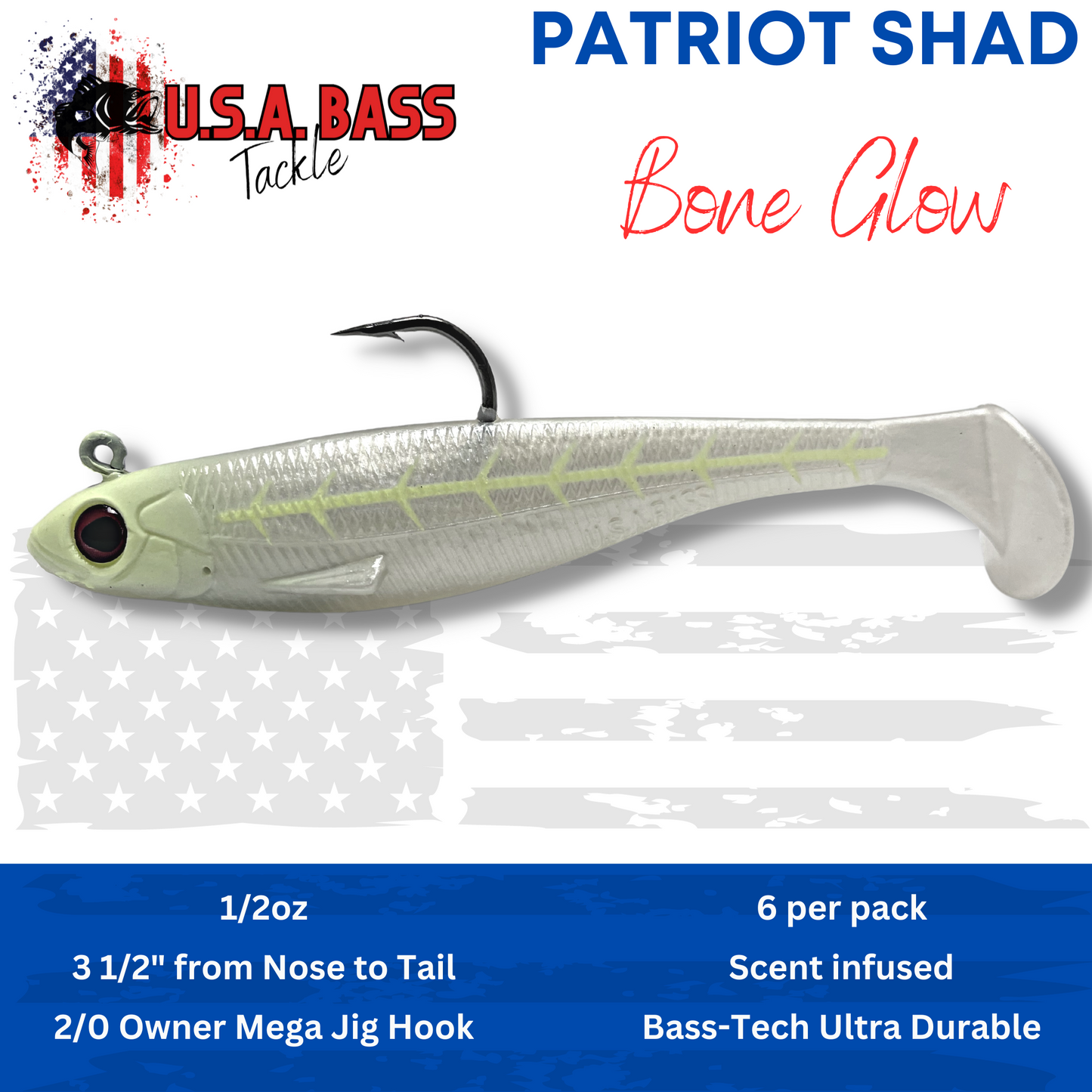 Patriot Shad Paddle Tail Swimbaits - Bone Glow